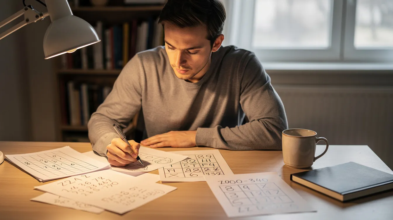 Eine Person sitzt an einem Schreibtisch und löst Denksportaufgaben auf Papier, während sie einen Stift in der Hand hält. Die Szene vermittelt den Eindruck von Konzentration und Intelligenz, möglicherweise im Rahmen eines IQ-Tests oder Gehirntrainings.