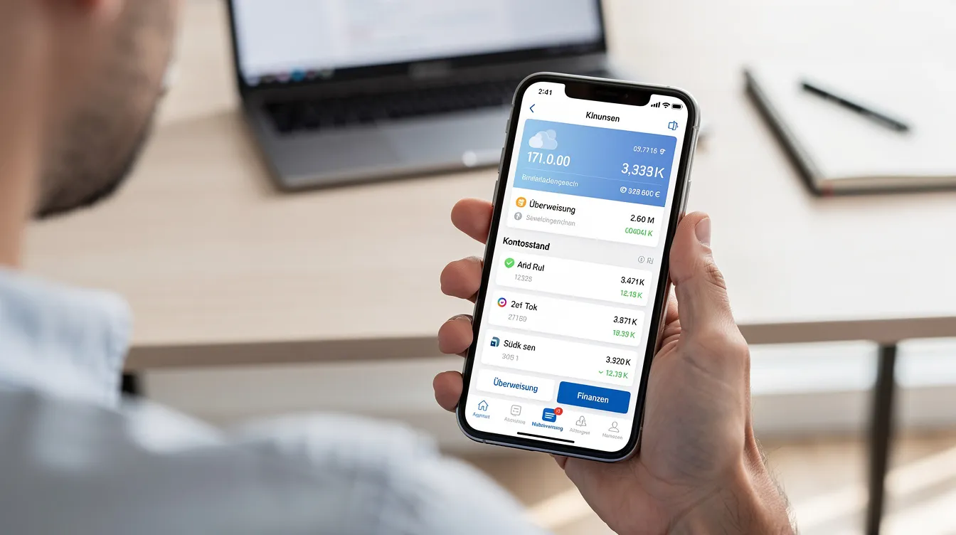 Eine Person hält ein Smartphone in der Hand, auf dem eine Banking-App geöffnet ist, während im Hintergrund ein heller Schreibtisch zu sehen ist. Die App ermöglicht den Zugriff auf verschiedene Finanzdienstleistungen, darunter Tagesgeldkonten und Festgeldangebote von Raisin Bank.