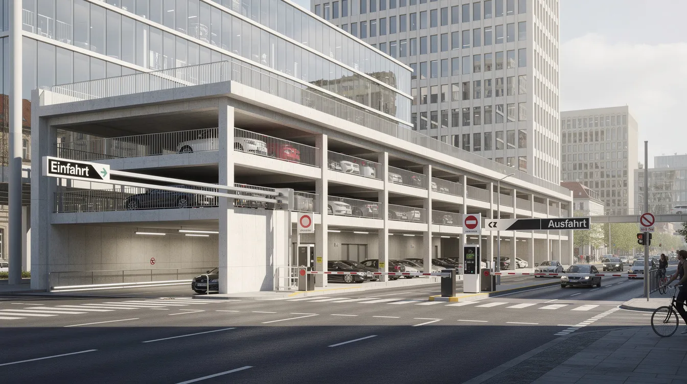 Das Bild zeigt ein modernes mehrstöckiges Parkhaus in einer belebten Großstadt, das sowohl Ein- als auch Ausfahrten bietet. Im Hintergrund sind städtische Gebäude zu sehen, die die urbane Umgebung unterstreichen.