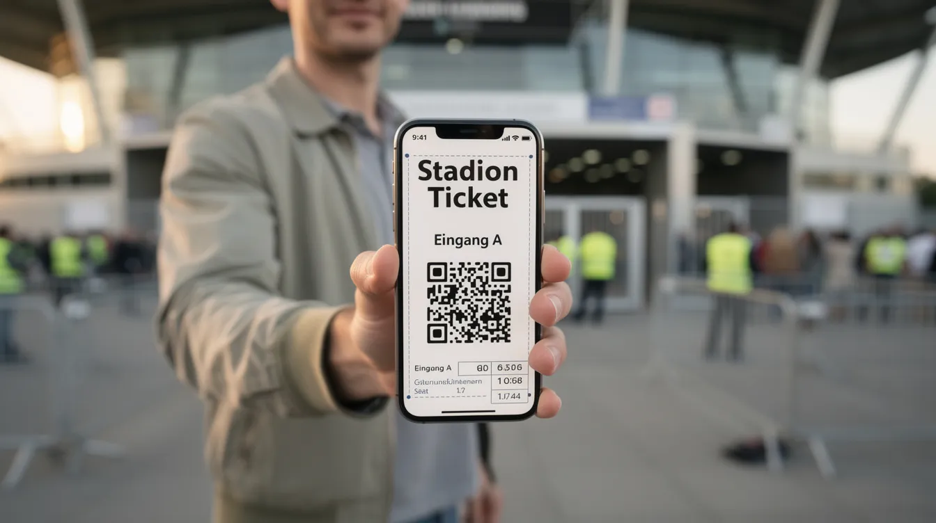 Eine Person hält ein digitales Ticket auf ihrem Smartphone am Eingang eines Stadions, bereit zum Einlass zu einer Veranstaltung. Das Ticket zeigt einen QR-Code, der für den Zugang zu dem Event benötigt wird, und vermittelt ein Gefühl von Vorfreude auf das bevorstehende Erlebnis.