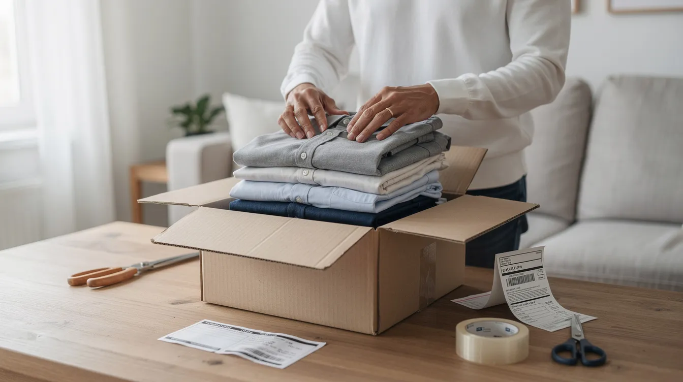 Eine Person packt sorgfältig Kleidungsstücke wie Hosen und Leggings in einen Karton für die Rücksendung an einen Online-Shop. Der Rücksendeprozess wird durch das ordentliche Verpacken der Ware erleichtert, um eine reibungslose Rückgabe zu gewährleisten.