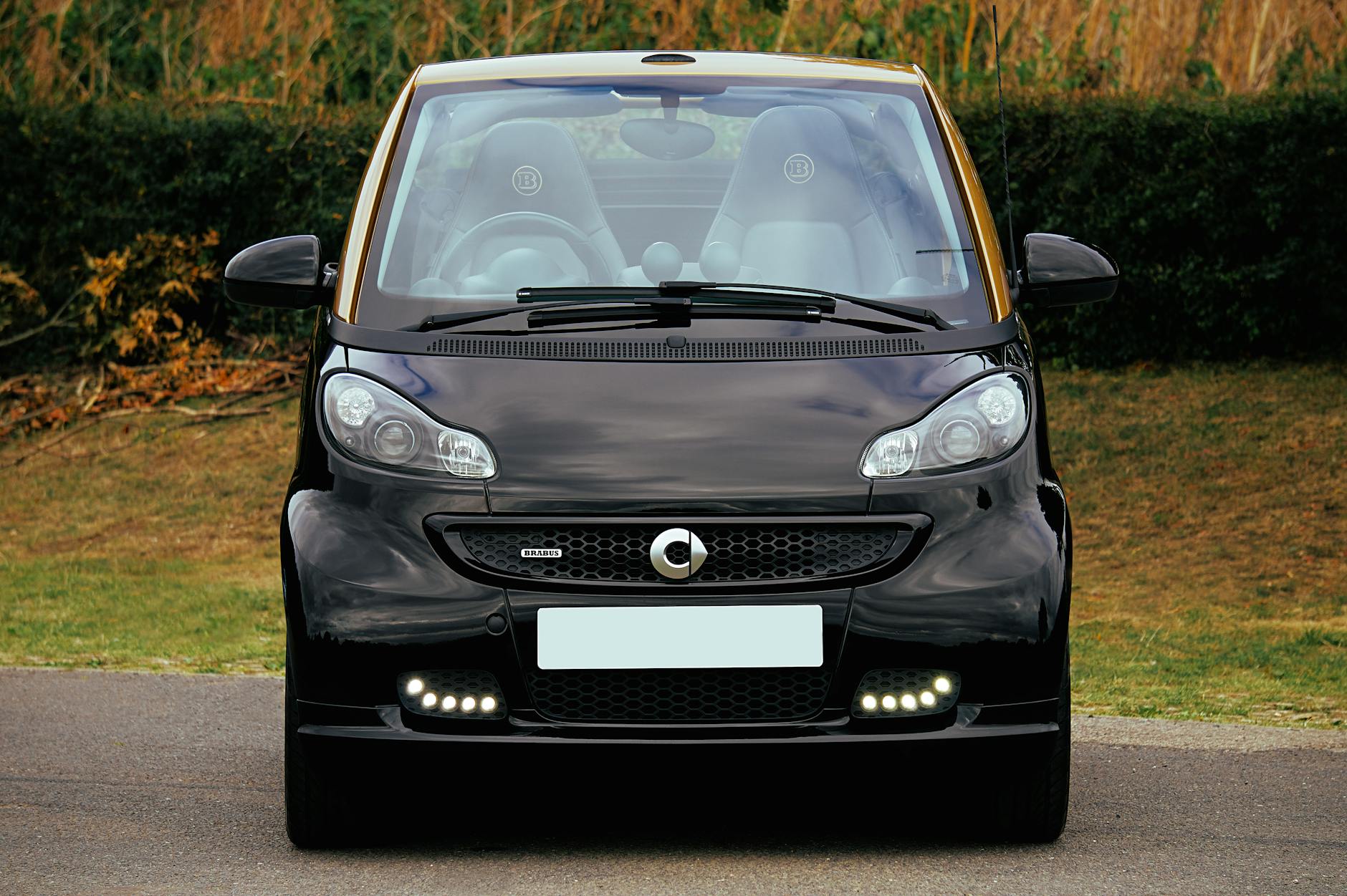 Front view of a black Brabus Smart cabriolet parked outdoors in a scenic setting.