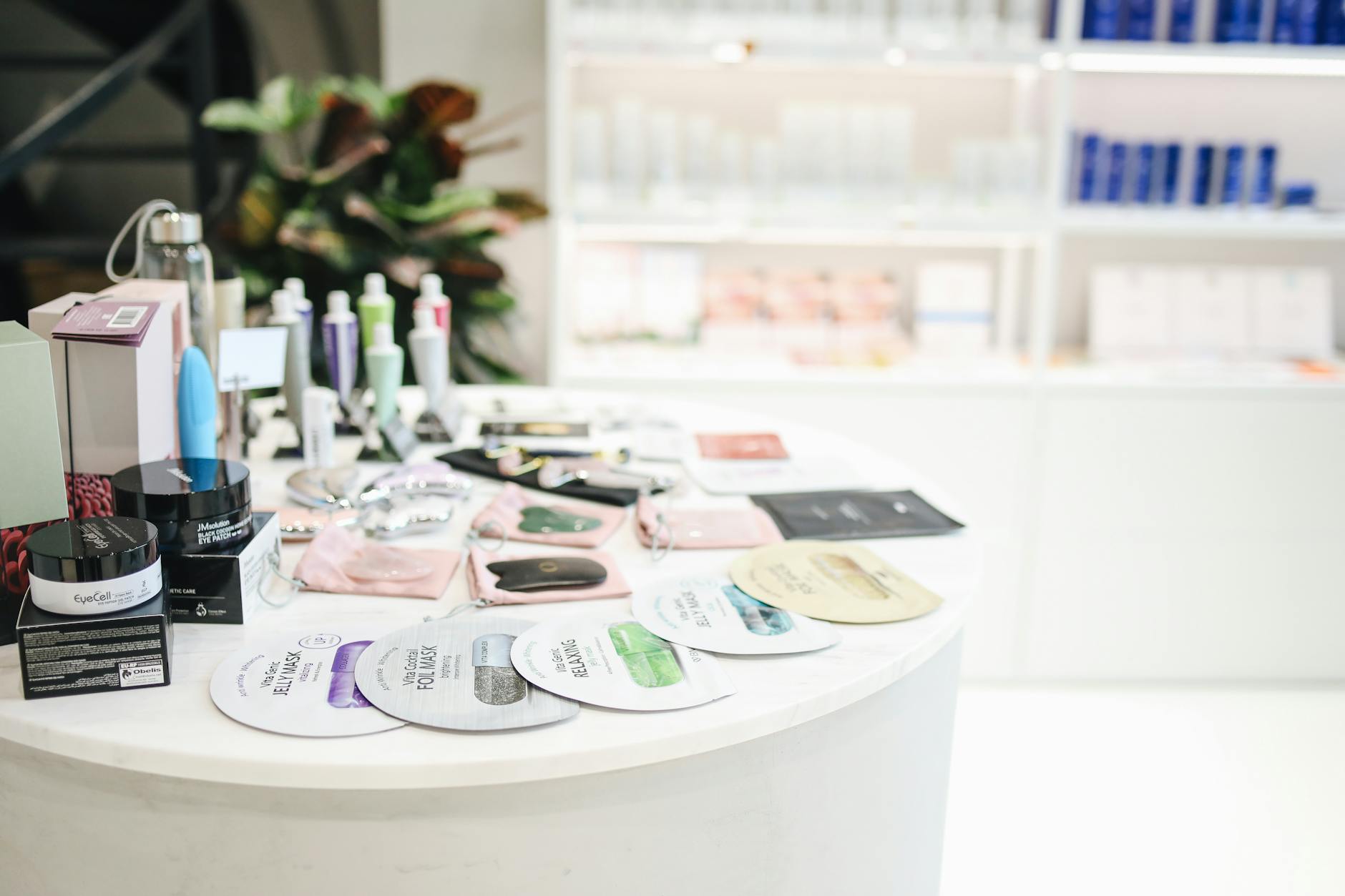 Wide selection of skincare and beauty products displayed in a modern retail setting.