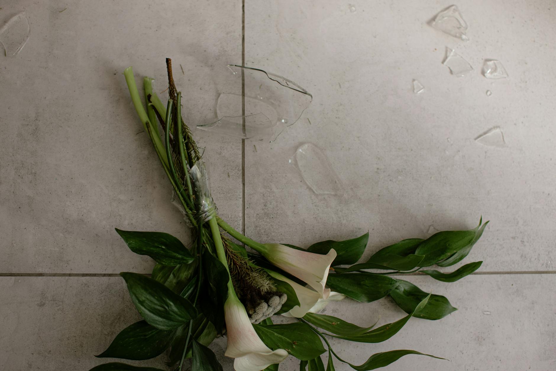 A broken vase and scattered flowers on a tiled floor.